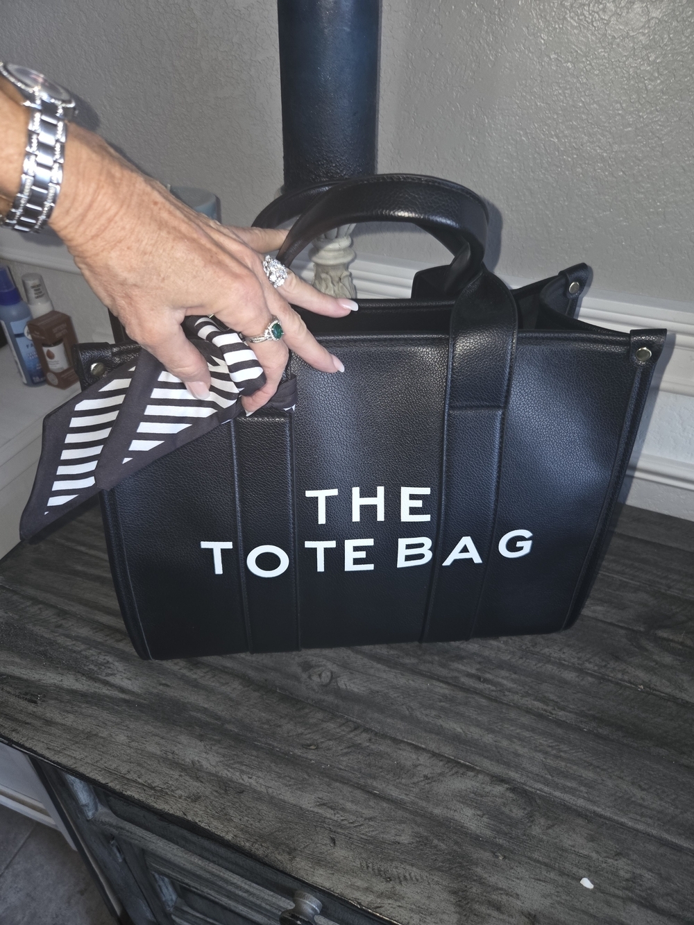 Black Faux-Leather Womens Tote Bag